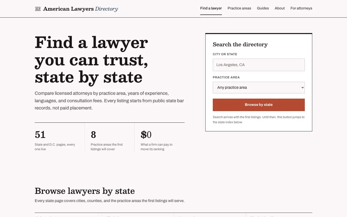 The American Lawyers Directory home page